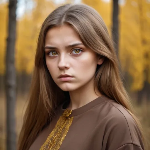 Prompt: One Ukrainian young woman with golden brown hair. She has gold eyes. she looks serious and is wearing a brown clothing