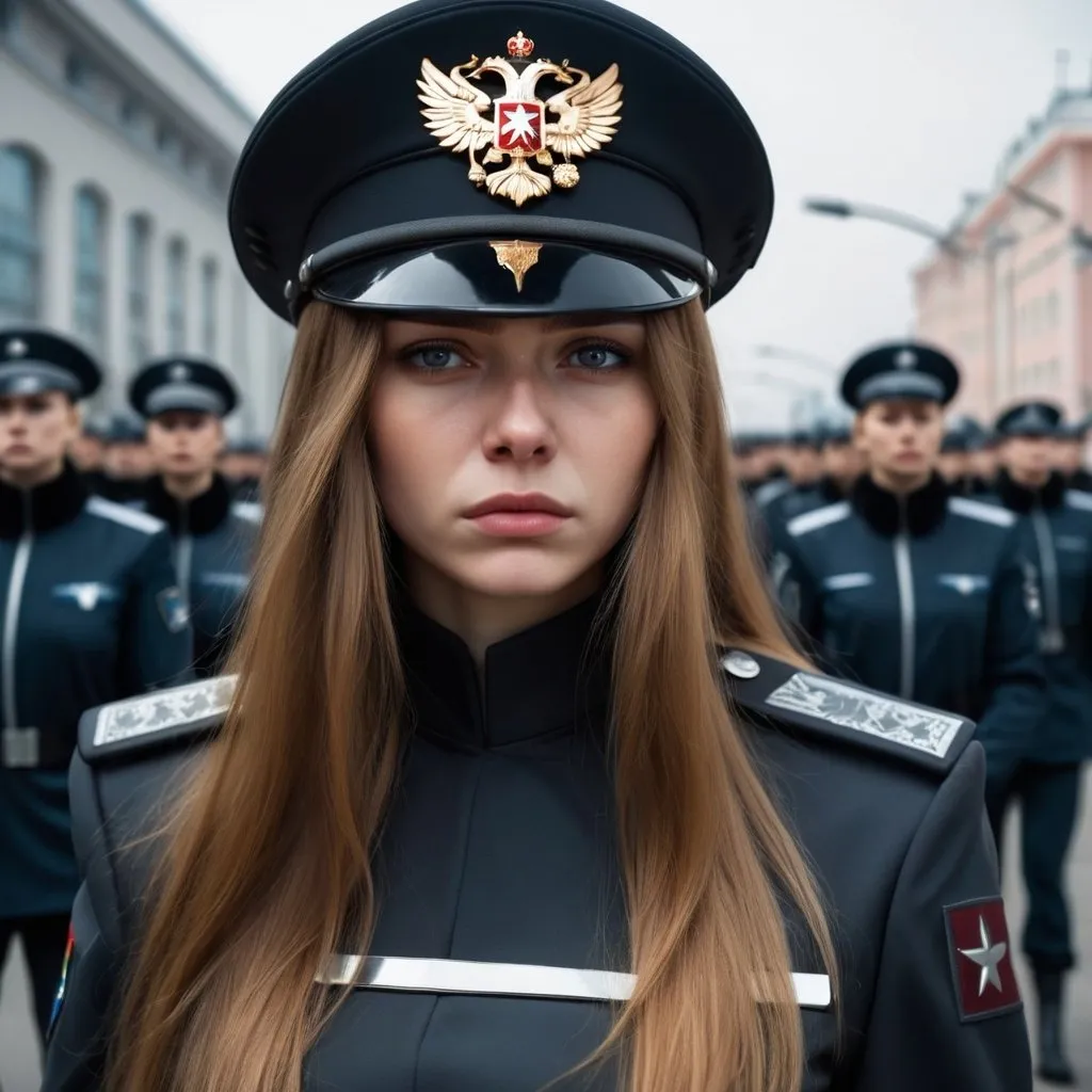 Prompt: Beautiful young woman with long golden brown hair and gray eyes. Futuristic Russia. She is wearing a dark police uniform, no insignia, And she is crying