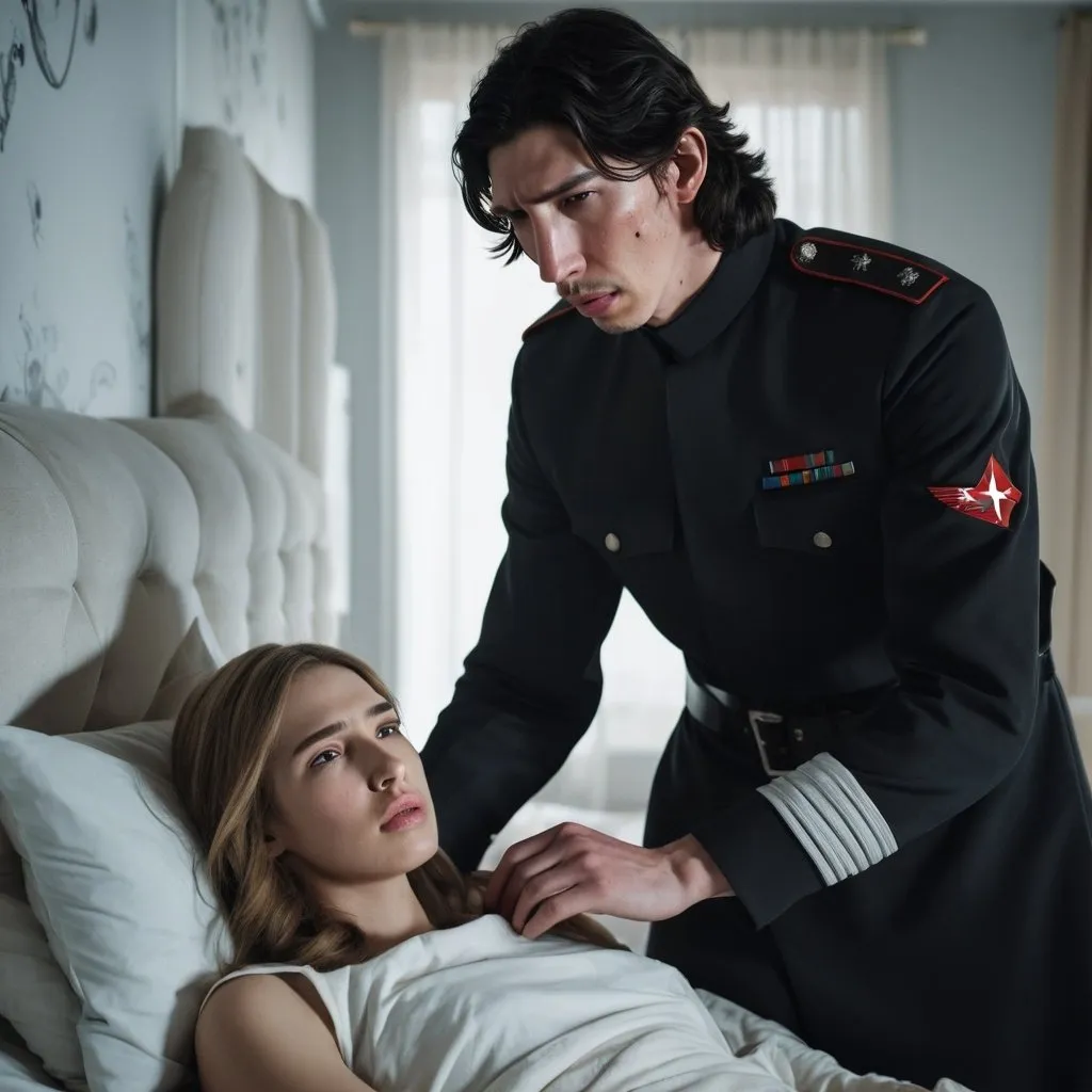 Prompt: Tall handsome young Russian Adam Driver lookalike wearing a dark military style uniform takes care of an injured young woman with long light brown hair, futuristic bedroom 