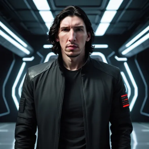Prompt: Tall Russian Adam Driver lookalike wearing a black jacket. Futuristic Russia military installation. He looks angry 