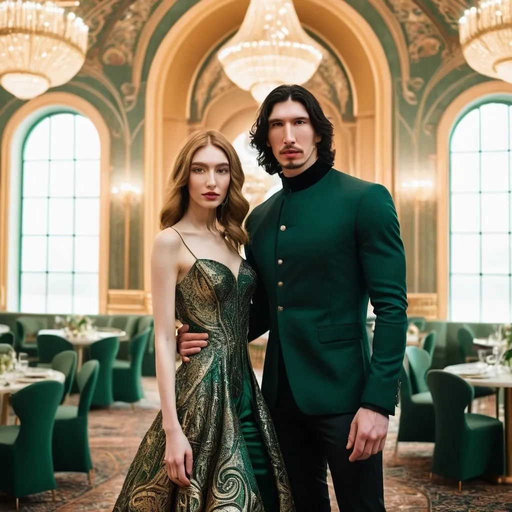 Prompt: Tall handsome Russian Adam Driver lookalike wears a black military uniform. a beautiful short young woman with long golden brown hair wears a modest green and gold paisley ball gown. Fancy futuristic Russian venue