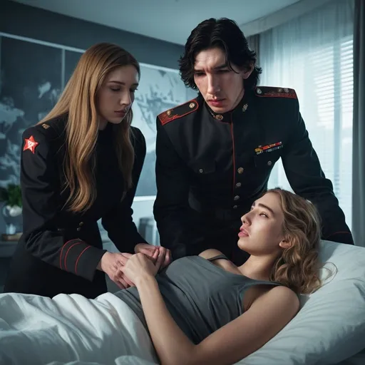 Prompt: Tall handsome young Russian Adam Driver lookalike wearing a dark military style uniform takes care of an injured young woman with long light brown hair, futuristic bedroom 