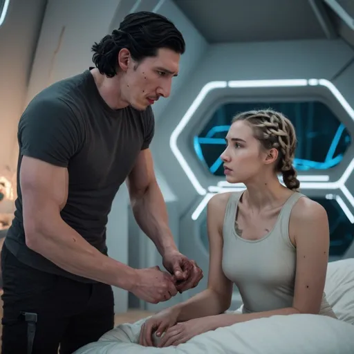 Prompt: Tall handsome Russian Adam Driver lookalike with short black hair takes care of  an injured short young woman with light brown braided hair In futuristic bedroom