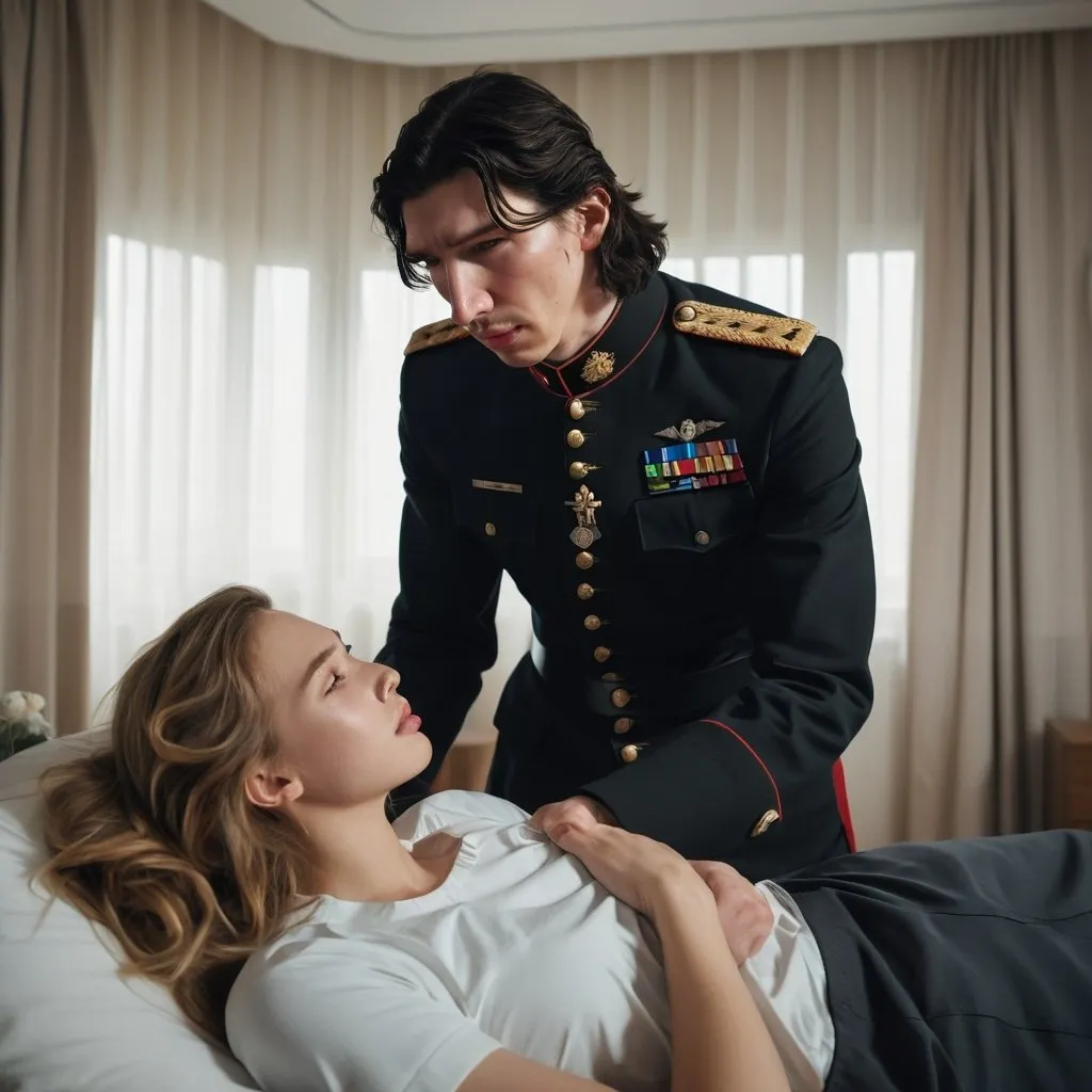 Prompt: Tall handsome young Russian Adam Driver lookalike wearing a dark military style uniform takes care of an injured young woman with long light brown hair, futuristic bedroom 
