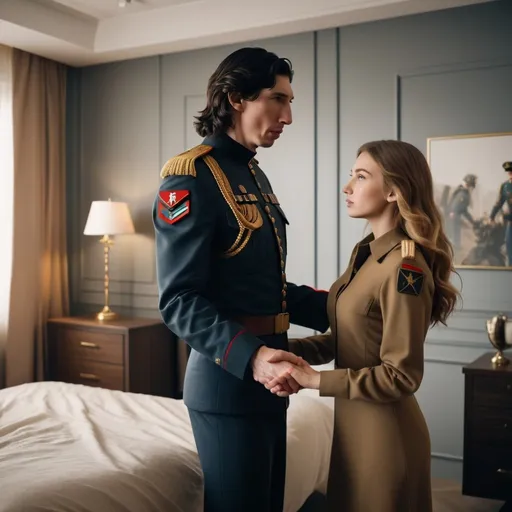 Prompt: A tall handsome Russian Adam Driver lookalike wearing a military uniform offers his hand to a beautiful short young woman.She’s wearing normal clothing and has long golden brown hair. Futuristic bedroom 