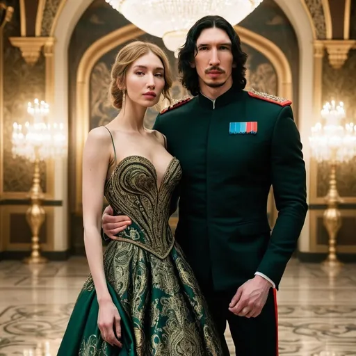 Prompt: Tall handsome Russian Adam Driver lookalike wears a black military uniform. a beautiful short young woman with long golden brown hair wears a modest green and gold paisley ball gown that does not show cleavage. Fancy futuristic Russian venue