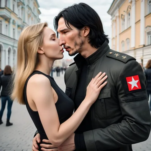 Prompt: Handsome tall young Russian man who looks like a mix of Keanu Reeves and Adam Driver with short black hair. He’s wearing black military style clothes. He kisses a very short beautiful young woman with long golden brown hair.  She’s wearing normal clothing. Futuristic Russia