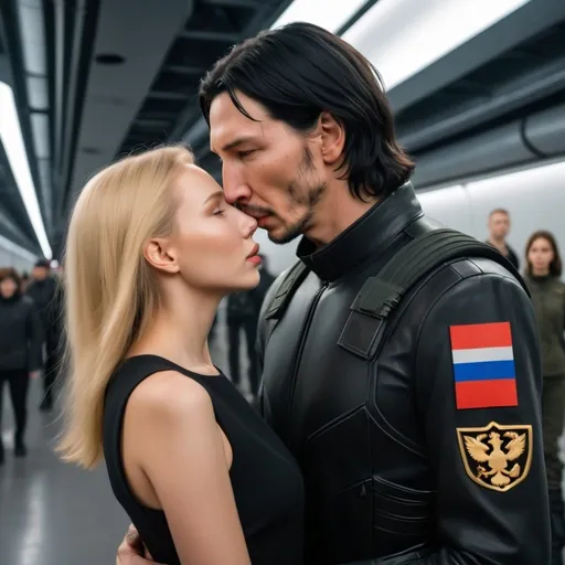 Prompt: Handsome tall young Russian man who looks like a mix of Keanu Reeves and Adam Driver with short black hair. He’s wearing black military style clothes. He kisses a very short beautiful young woman with long golden brown hair.  She’s wearing normal clothing. Futuristic Russia