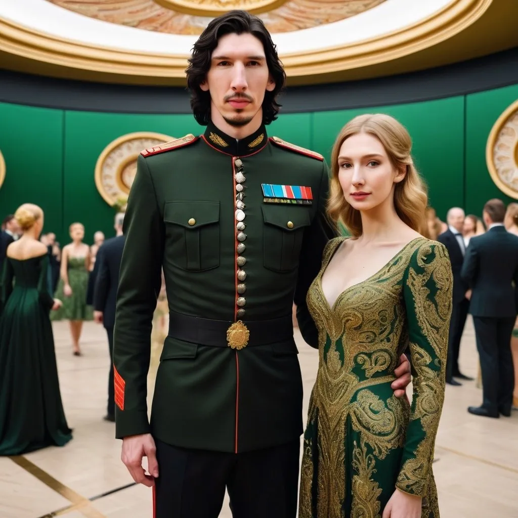 Prompt: Tall handsome Russian Adam Driver lookalike wears a black military uniform and stands next to a beautiful extremely short young woman. She is much shorter than him and the top of her head does not reach his shoulders. She has long golden brown hair and wears a long sleeved green and gold paisley ball gown. Fancy futuristic Russian venue