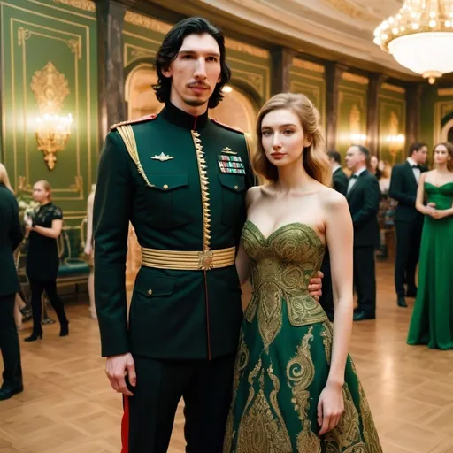 Prompt: Tall handsome Russian Adam Driver lookalike wears a black military uniform stands next to a beautiful extremely young woman. She is much shorter than him and the top of her head does not reach his shoulders. She has long golden brown hair and wears a very modest no skin showing A-line green and gold paisley ball gown. Fancy futuristic Russian venue