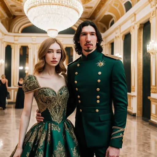 Prompt: Tall handsome Russian Adam Driver lookalike wears a black military uniform. a beautiful short young woman with long golden brown hair wears a modest green and gold paisley ball gown. Fancy futuristic Russian venue