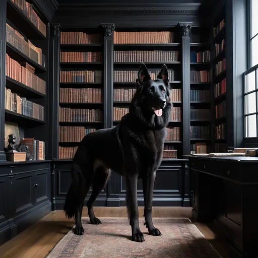 Prompt: large black belgian shepherd standing beside a desk in a dark personal library. Bookshelves on two of the walls