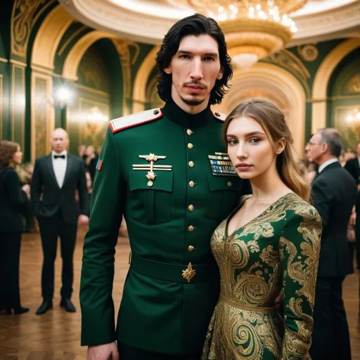 Prompt: Tall handsome Russian Adam Driver lookalike wears a black military uniform stands next to a beautiful extremely young woman. She is much shorter than him and the top of her head does not reach his shoulders. She has long golden brown hair and wears a long sleeved green and gold paisley ball gown. Fancy futuristic Russian venue