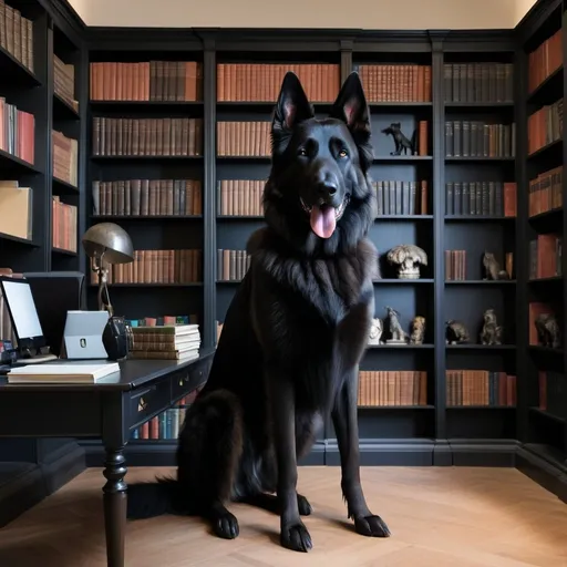 Prompt: large black belgian shepherd standing beside a desk in a dark personal library. Bookshelves on two of the walls