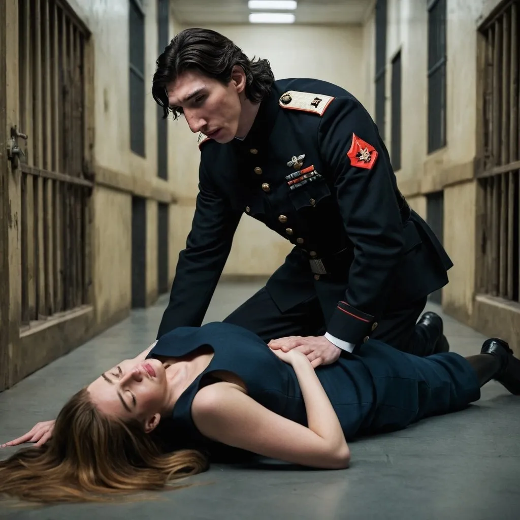 Prompt: Tall handsome young Russian Adam Driver lookalike wearing a dark military style uniform looks down at a young woman with long light brown hair who is lying flat on the floor, wracked in pain. Futuristic dimly lit Jail cell