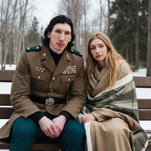 Prompt: Tall handsome Russian Adam Driver lookalike is sitting with a beautiful small young woman with long golden brown hair. He is wearing a military style uniform with no insignias and she is wrapped in a blanket. Outside sitting on a bench. Winter in front of a lodge