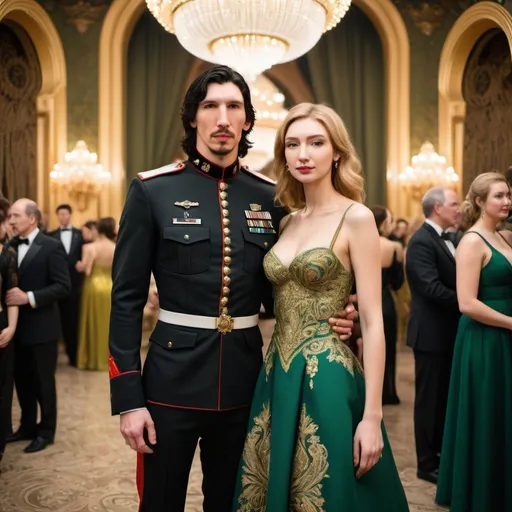 Prompt: Tall handsome Russian Adam Driver lookalike wears a black military uniform stands next to a beautiful extremely young woman who is much shorter than him. She has long golden brown hair and wears a very modest no skin showing A-line green and gold paisley ball gown. Fancy futuristic Russian venue