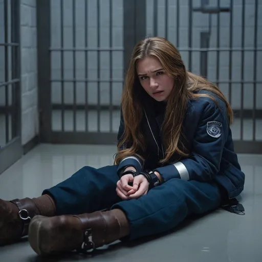 Prompt: A young woman is lying flat on the floor. She is wearing winter clothing and has long light brown hair. There are electrically charged handcuffs on her wrists and ankles and she looks like she’s in pain. Futuristic dimly lit jail cell