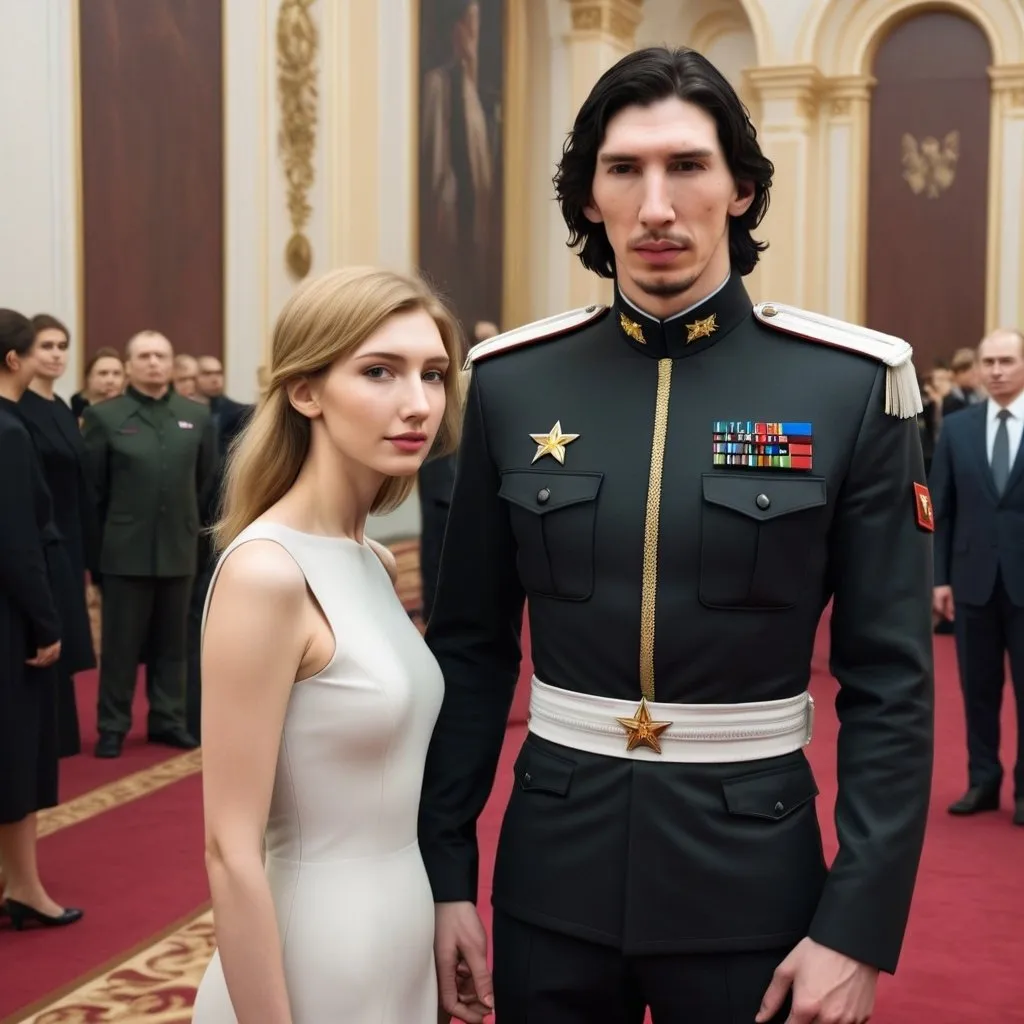 Prompt: Tall handsome Russian Adam Driver lookalike wears a black military uniform and stands next to a beautiful extremely short young woman. She is much shorter than him and the top of her head does not reach his shoulders. She has long golden brown hair . Futuristic Russia