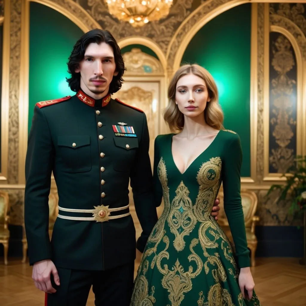 Prompt: Tall handsome Russian Adam Driver lookalike wears a black military uniform stands next to a beautiful extremely young woman. She is much shorter than him and the top of her head does not reach his shoulders. She has long golden brown hair and wears a long sleeved green and gold paisley ball gown. Fancy futuristic Russian venue