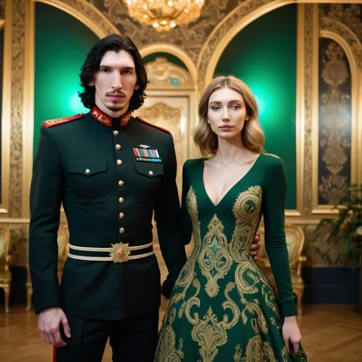 Prompt: Tall handsome Russian Adam Driver lookalike wears a black military uniform stands next to a beautiful extremely young woman. She is much shorter than him and the top of her head does not reach his shoulders. She has long golden brown hair and wears a long sleeved green and gold paisley ball gown. Fancy futuristic Russian venue