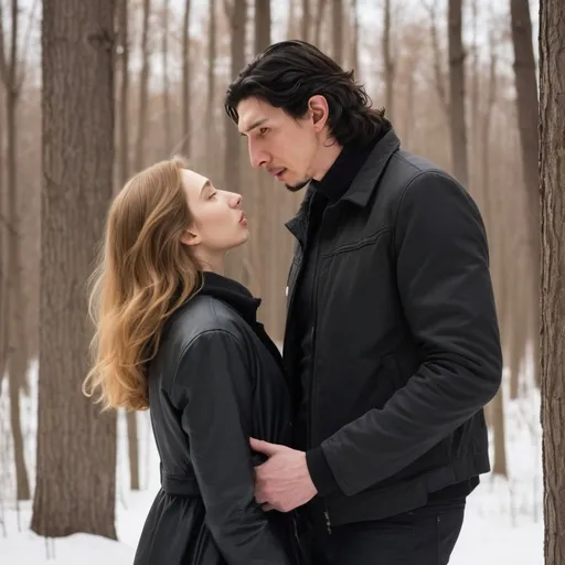 Prompt: Tall handsome Russian Adam Driver lookalike wears a black jacket and pulls a young woman closer to him to kiss her. She’s much shorter than him. She has long golden brown hair. Winter woods