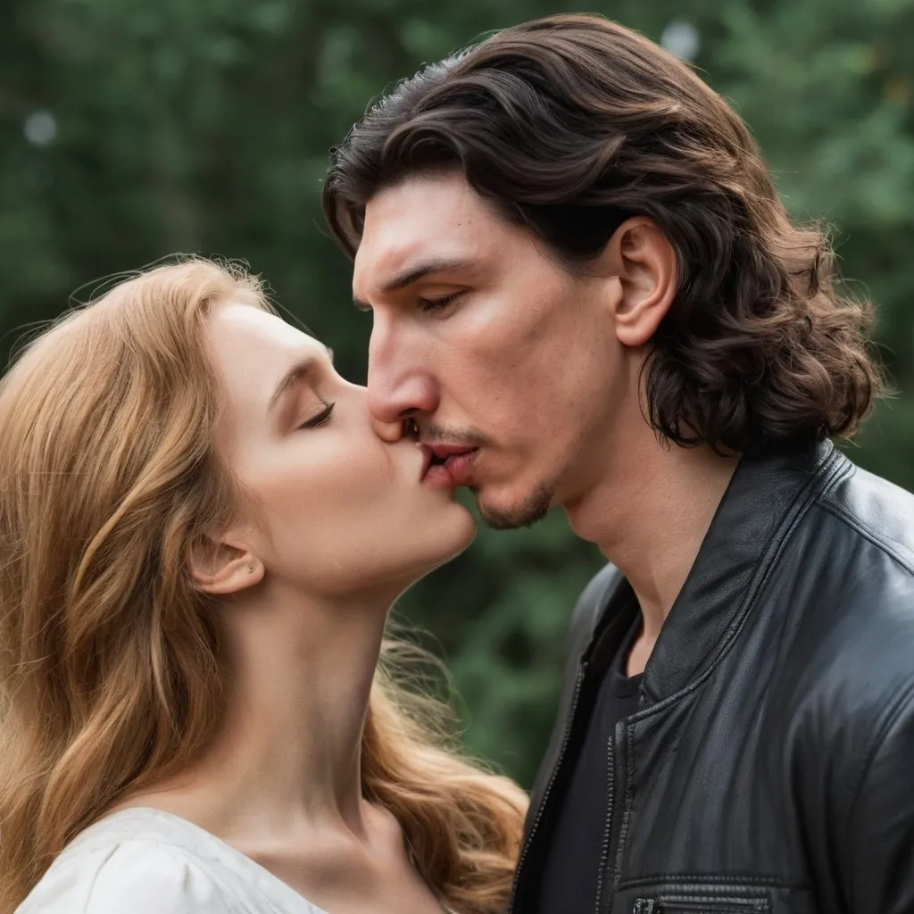 Prompt: Tall handsome Russian Adam Driver lookalike kisses a beautiful short young woman with long golden brown hair 