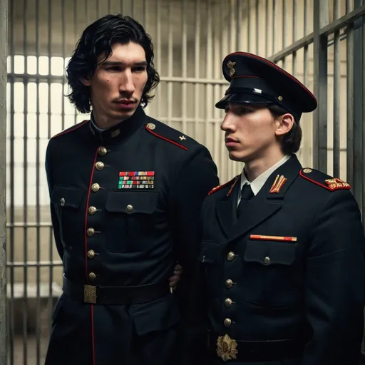 Prompt: Tall handsome young Russian Adam Driver lookalike wearing a dark military style uniform intimidates a young man. Dimly lit jail cell