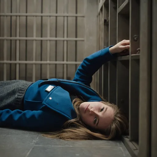 Prompt: A young woman is lying flat on the floor. She is wearing winter clothing and has long light brown hair.  Futuristic dimly lit jail cell