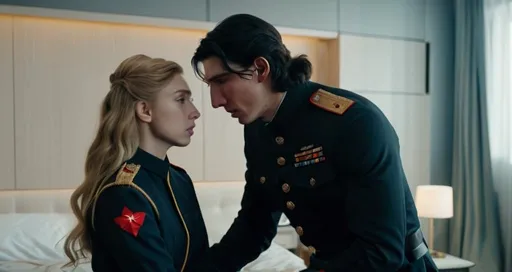 Prompt: Tall handsome young Russian Adam Driver lookalike wearing a dark military style uniform takes care of  an injured young woman with long light brown hair, futuristic bedroom 
