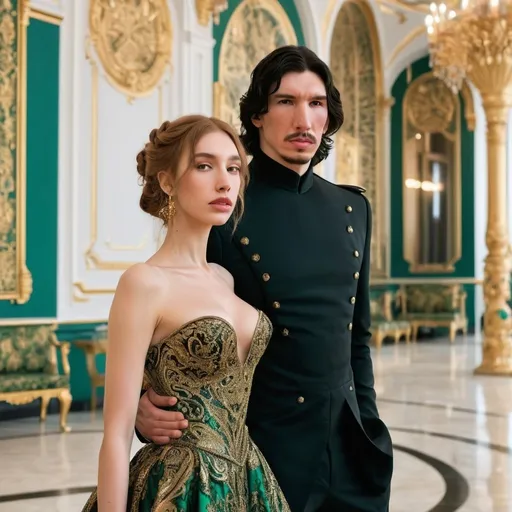 Prompt: Tall handsome Russian Adam Driver lookalike wears a black military uniform. a beautiful very short young woman with long golden brown hair wears an unrevealing green and gold paisley ball gown. Fancy futuristic Russian venue