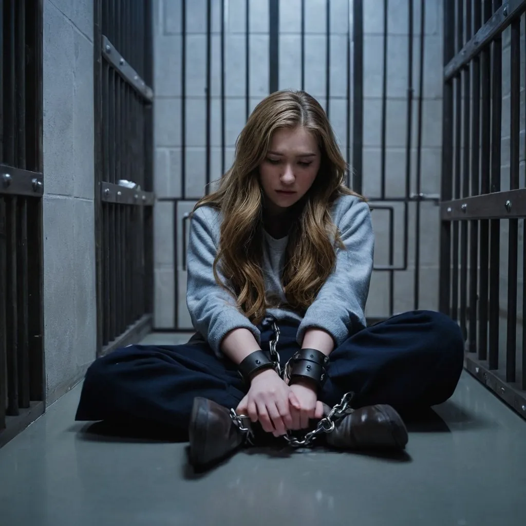 Prompt: A young woman is lying flat on the floor. She is wearing winter clothing and has long light brown hair. There are electrically charged handcuffs on her wrists and ankles and she looks like she’s in pain. Futuristic dimly lit jail cell