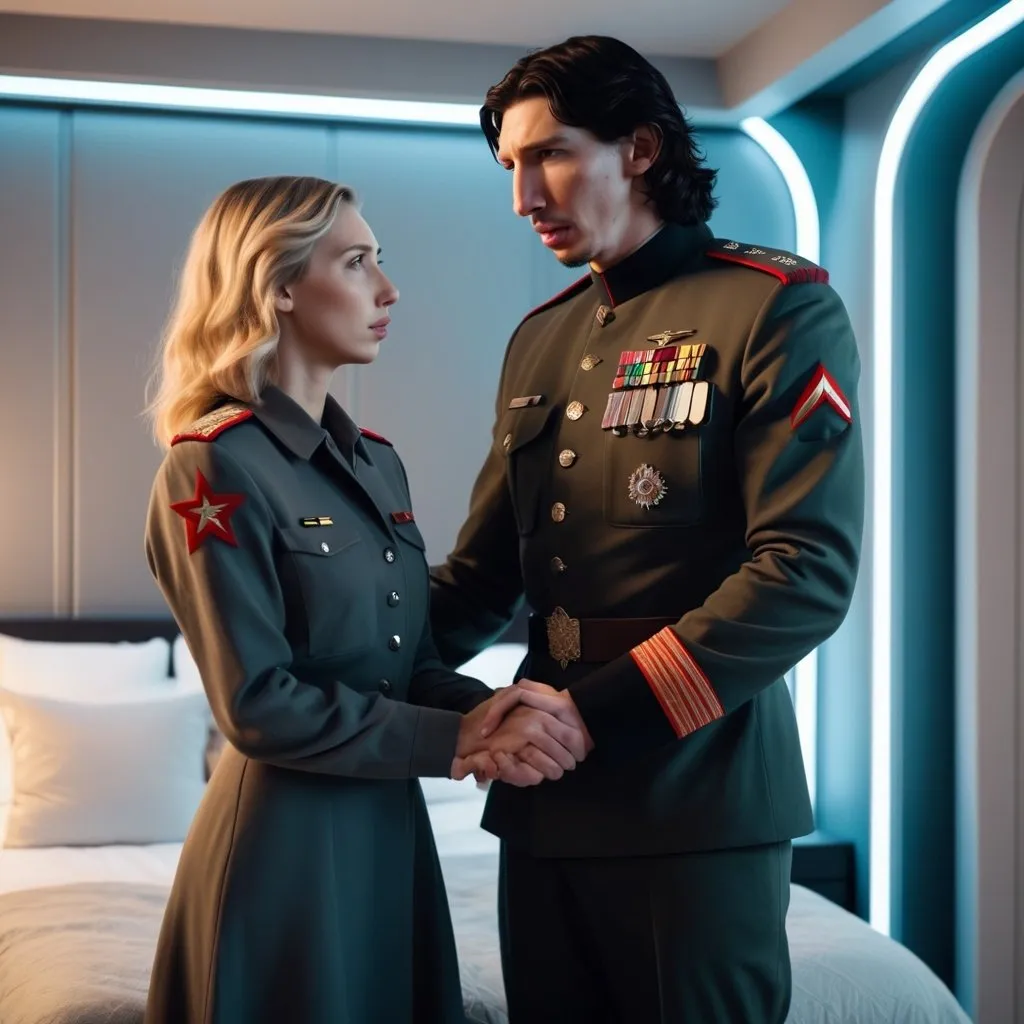 Prompt: A tall handsome Russian Adam Driver lookalike wearing a military uniform offers his hand to a beautiful short young woman.Shes wearing normal clothing. Futuristic bedroom 