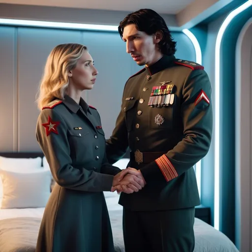 Prompt: A tall handsome Russian Adam Driver lookalike wearing a military uniform offers his hand to a beautiful short young woman.Shes wearing normal clothing. Futuristic bedroom 