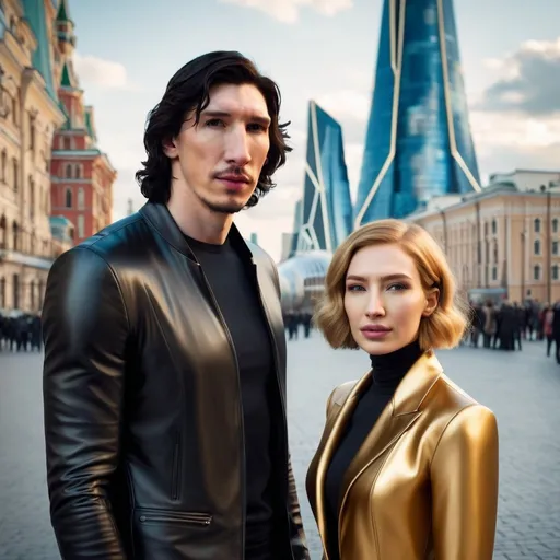 Prompt: Tall Russian Adam Driver lookalike stands beside a beautiful very short young woman. She has long golden brown hair. Futuristic city