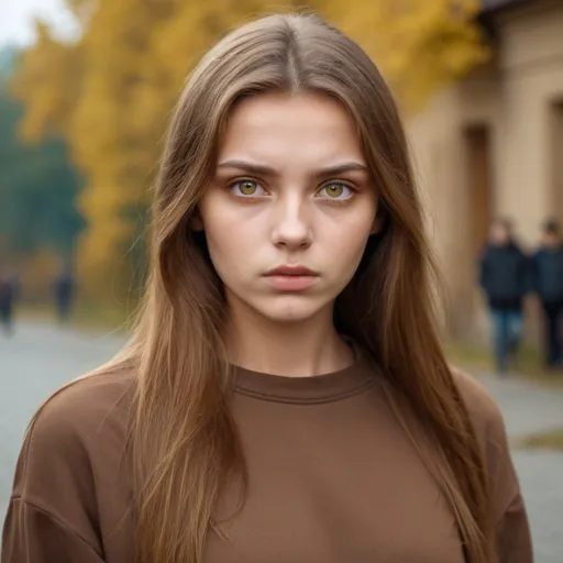 Prompt: One Ukrainian young woman with golden brown hair. She has gold eyes. she looks serious and is wearing a brown clothing