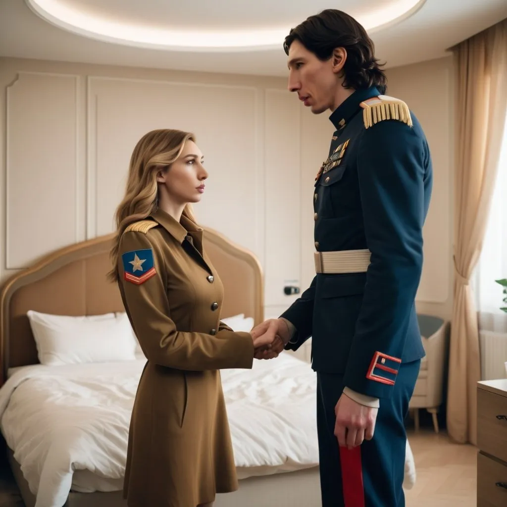 Prompt: A tall handsome Russian Adam Driver lookalike wearing a military uniform offers his hand to a beautiful short young woman.She’s wearing normal clothing and has long golden brown hair. Futuristic bedroom 