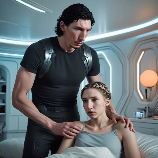 Prompt: Tall handsome Russian Adam Driver lookalike with short black hair takes care of  an injured short young woman with light brown braided hair In futuristic bedroom