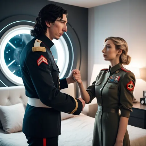 Prompt: A tall handsome Russian Adam Driver lookalike wearing a military uniform offers his hand to a beautiful short young woman.Shes wearing normal clothing. Futuristic bedroom 