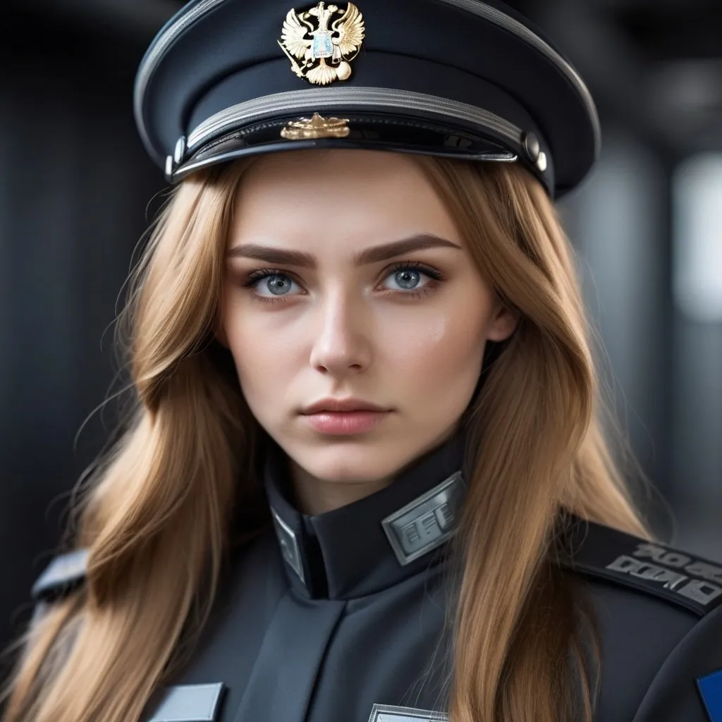 Prompt: Beautiful young woman with long golden brown hair and gray eyes. Futuristic Russia. She is wearing a dark police uniform, no insignia, a tear rolls down her cheek 