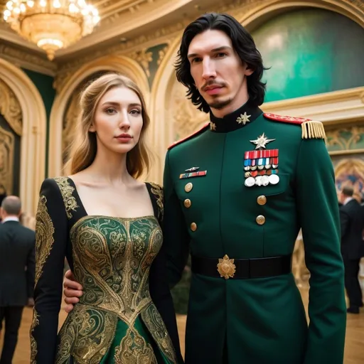 Prompt: Tall handsome Russian Adam Driver lookalike wears a black military uniform stands next to a beautiful extremely young woman. She is much shorter than him and the top of her head does not reach his shoulders. She has long golden brown hair and wears a long sleeved no skin showing A-line green and gold paisley ball gown. Fancy futuristic Russian venue