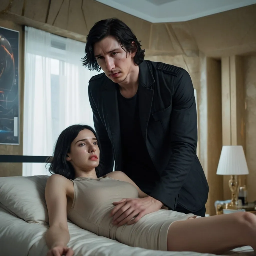 Prompt: Tall handsome Russian Adam Driver lookalike with short black hair takes care of  an injured short young woman with long golden brown hair In futuristic bedroom