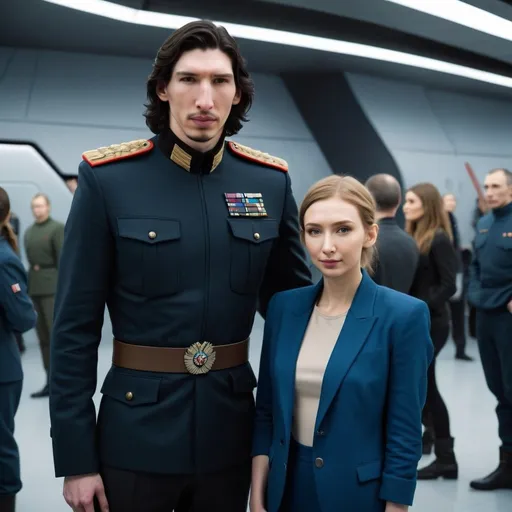 Prompt: Tall handsome Russian Adam Driver lookalike wears a black military uniform and stands next to a beautiful extremely short young woman. She is much shorter than him and the top of her head does not reach his shoulders. She has long golden brown hair and is wearing a blue jacket and brown pants Futuristic Russia