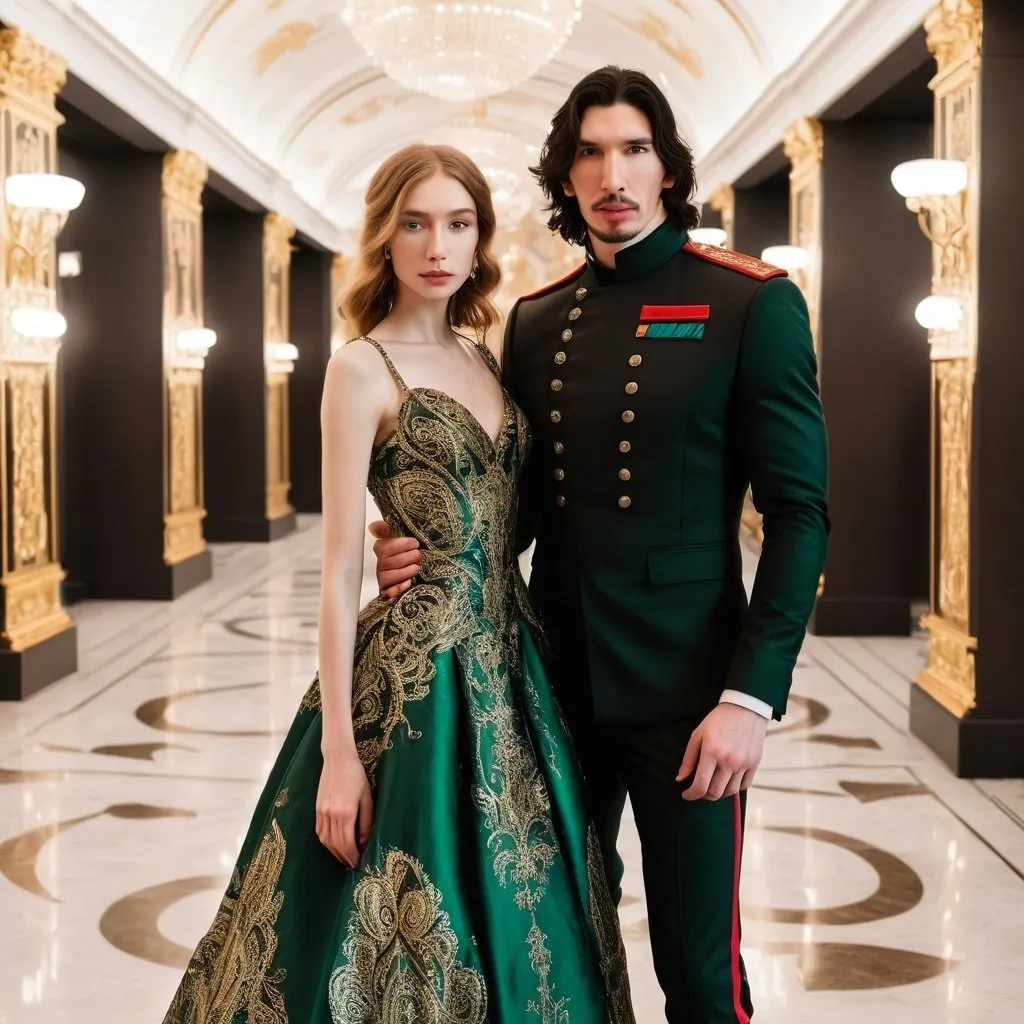 Prompt: Tall handsome Russian Adam Driver lookalike wears a black military uniform. a beautiful short young woman with long golden brown hair wears a green and gold paisley ball gown. Fancy futuristic Russian venue