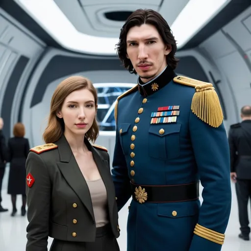 Prompt: Tall handsome Russian Adam Driver lookalike wears a black military uniform and stands next to a beautiful extremely short young woman. She is much shorter than him and the top of her head does not reach his shoulders. She has long golden brown hair and is wearing a blue jacket and brown pants Futuristic Russia