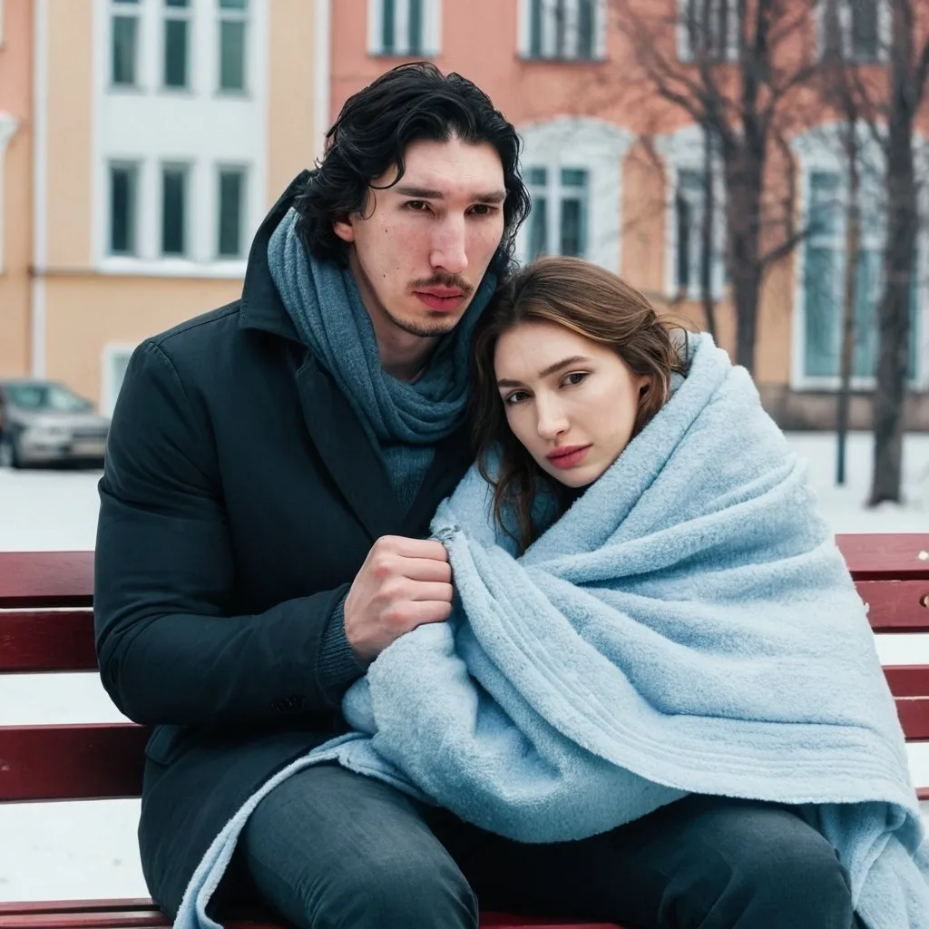 Prompt: Tall handsome young Russian Adam Driver is carrying a young woman wrapped in a blanket. Outside sitting on a bench. Winter