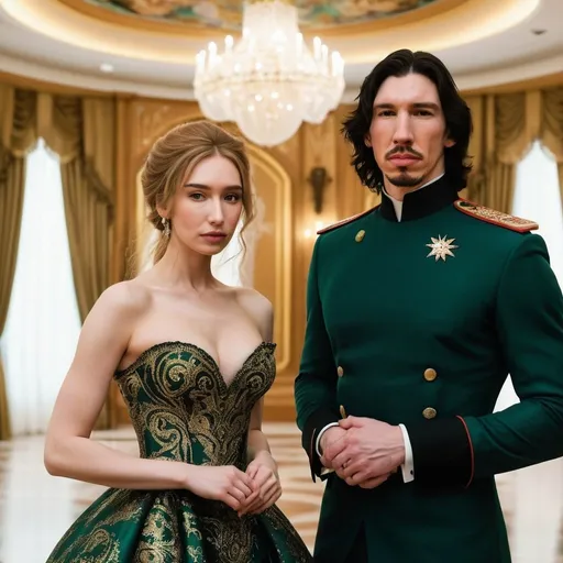 Prompt: Tall handsome Russian Adam Driver lookalike wears a black military uniform. a beautiful short young woman with long golden brown hair wears a modest green and gold paisley ball gown that does not show cleavage. Fancy futuristic Russian venue