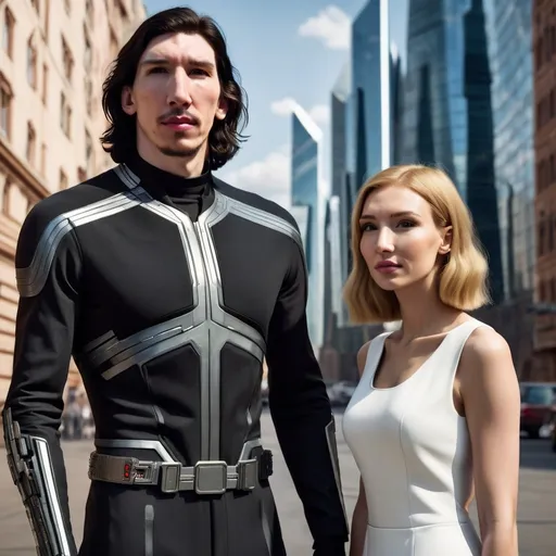 Prompt: Tall Russian Adam Driver lookalike stands beside a beautiful very short young woman. She has long golden brown hair. Futuristic city