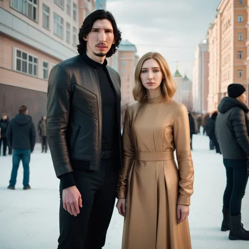 Prompt: Tall Russian Adam Driver lookalike stands beside a beautiful very short young woman. She has long golden brown hair. Futuristic Russian city