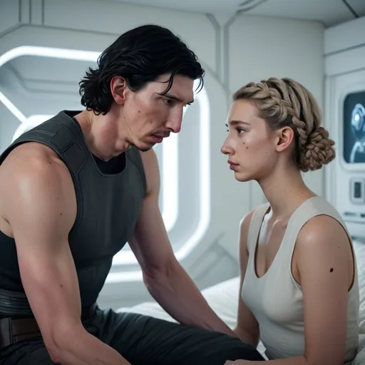 Prompt: Tall handsome Russian Adam Driver lookalike with short black hair takes care of  an injured short young woman with light brown braided hair In futuristic bedroom